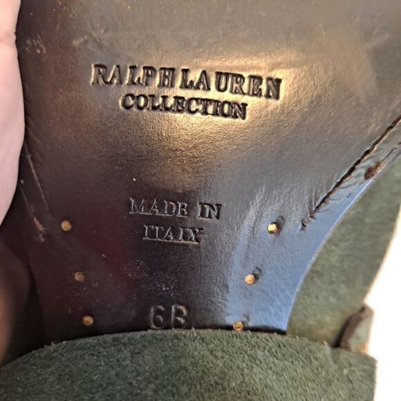 Ralph Lauren Collection Harness Boots Italy Green Suede 1.5" Cowgirl Heel Buckle - Picture 13 of 15